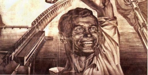 Old Soviet poster. A happy Soviet miner. Photo credit: sovposters.ru